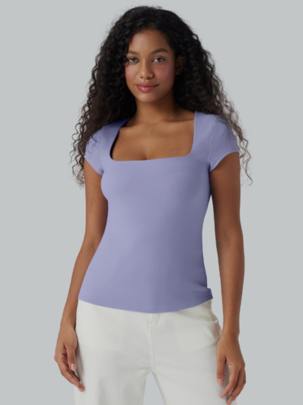 Halara Square Scoop Neck Short Sleeve Top - Light Lavender M